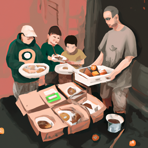3. An illustration depicting volunteers serving food at a local homeless shelter.