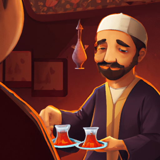 A warm scene of a Turkish host serving tea to guests