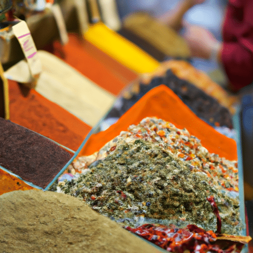 3. Colorful arrays of spices and herbs at the Spice Bazaar, with shoppers in the background.