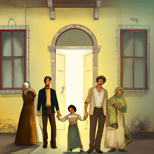 An illustration showing a Turkish family warmly welcoming guests to their home.