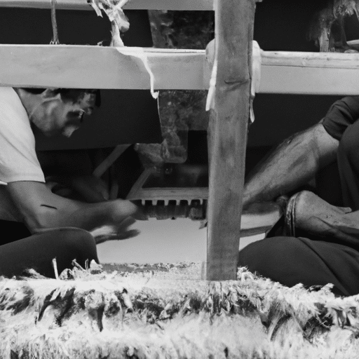A black and white photograph depicting artisans in Gaziantep meticulously crafting a traditional rug, embodying the legacy of their craft.