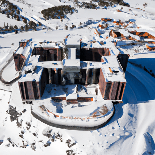 An aerial shot of a top-rated hotel nestled in the snowy landscape near Erzurum Ski Resorts