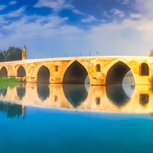 A panoramic view of the stone bridge in Adana, with the Seyhan River flowing beneath.
