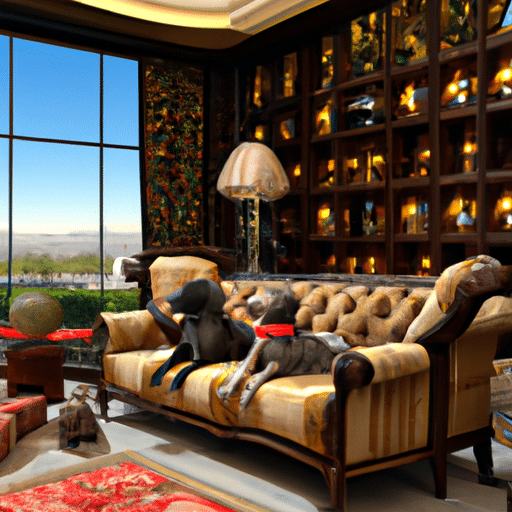 A lavish lobby in one of Erzurum's luxury pet-friendly hotels, with pets lounging comfortably amidst opulent surroundings.