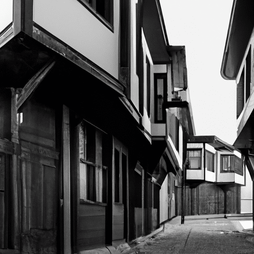 A black and white image of the intricate wooden architecture of the historic Odunpazarı district, bringing the past to life.