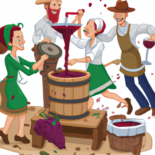 Local winemakers in traditional attire, engaging in the winemaking process.