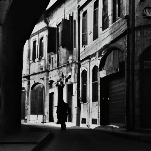 A black and white photograph capturing a historic street in Gaziantep, reminiscent of a film noir setting