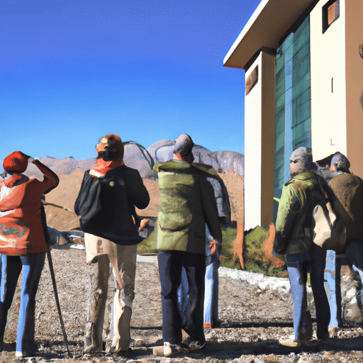 An illustration showing a group of tourists, ready for a hike, standing at the entrance of a hotel, with the rugged landscape of Erzurum in the distance.