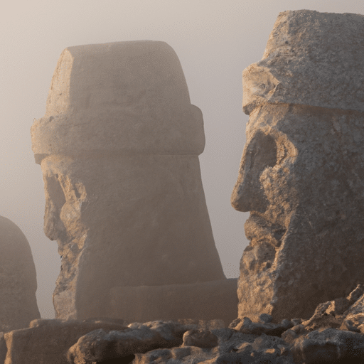 The ancient stone heads of Mount Nemrut shrouded in morning mist