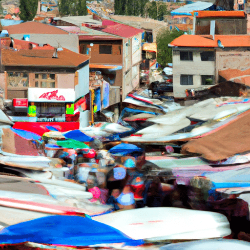 1. A panoramic view of a bustling bazaar in Diyarbakır, filled with vibrant stalls offering a variety of goods.