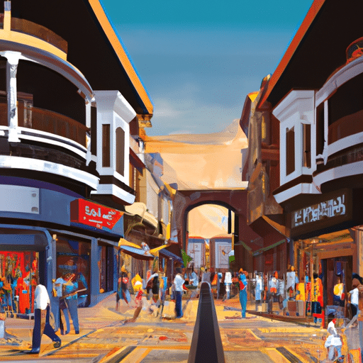 An illustration depicting an upscale shopping street in Adana, with luxury boutiques lining the roads.