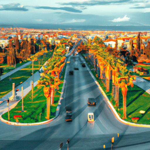 A panoramic view of the vibrant cityscape of Adana in spring, dotted with blooming flowers and the lively buzz of outdoor activities.