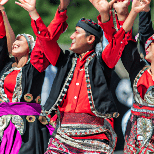 A vibrant depiction of a traditional dance being performed in a city festival