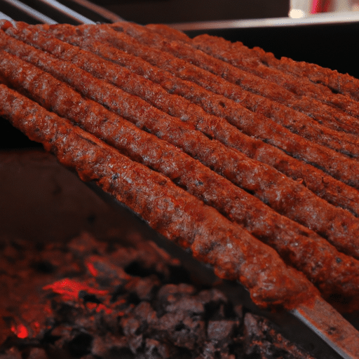 An enticing image of the famous Adana Kebab, sizzling on the grill during the Adana Kebab Festival.