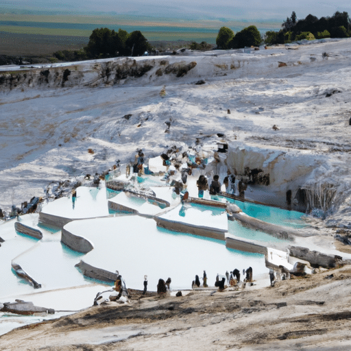 A photo capturing tourists enjoying the therapeutic hot springs of Pamukkale