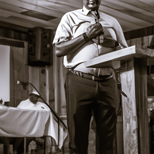 A black and white photograph of a local activist passionately delivering a speech at a community meeting.