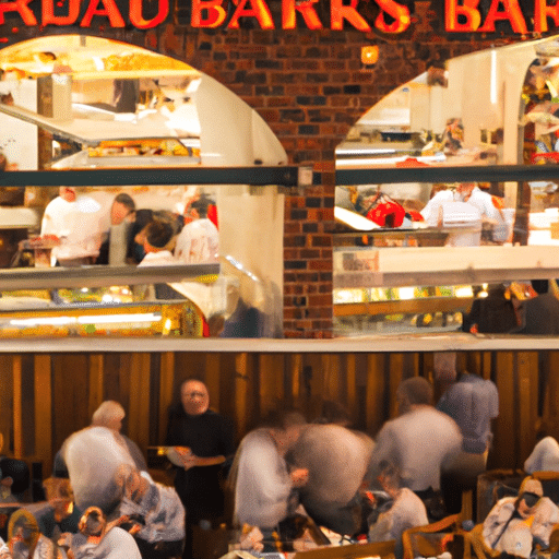 5. A bustling Turkish bazaar filled with food stalls contrasted with a modern, upscale Turkish restaurant