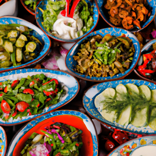 1. A variety of colorful Turkish meze served in traditional ceramics.