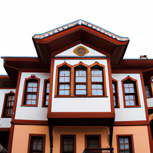 1. A picturesque shot of a traditional Ottoman house in Eskişehir, showcasing intricate woodwork and vibrant colors.