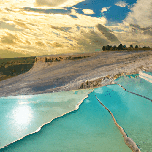 A panoramic view of Pamukkale's cascading terraces gleaming under the afternoon sun