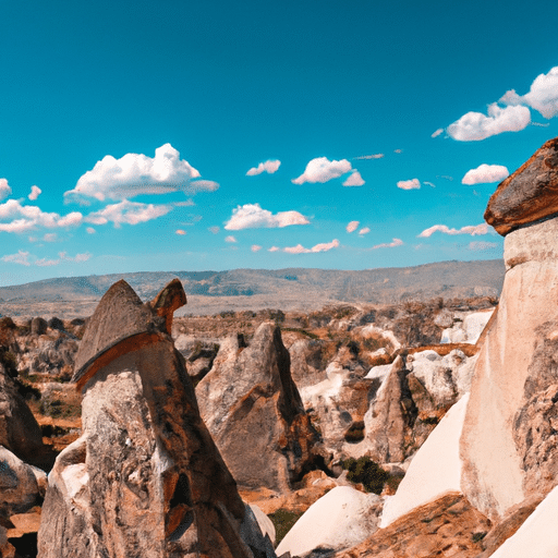 A picture-perfect shot of Cappadocia's iconic fairy chimneys against a clear blue sky.