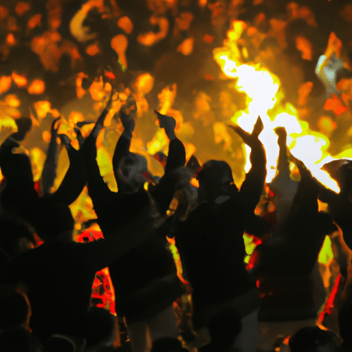 A vibrant crowd dressed in traditional Kurdish attire dancing around a large bonfire during Newroz.